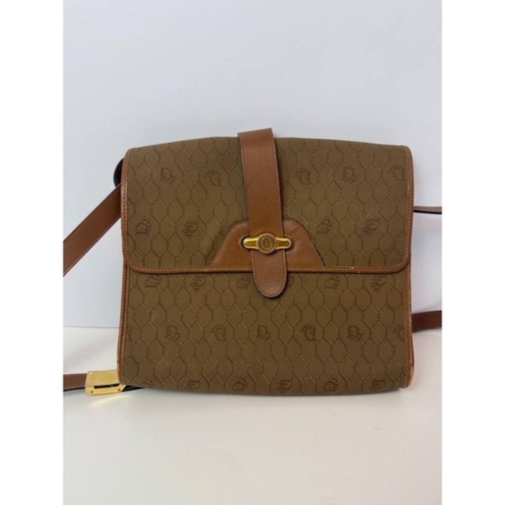 Christian Dior Vintage Honeycomb Monogram Canvas Shoulder Bag Tan Brown Leather